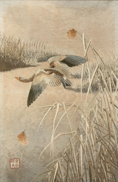 <b>A FINE SILK EMBROIDERY OF A WILD GOOSE IN FLIGHT OVER A LAKE SURROUNDED BY REED</b>
