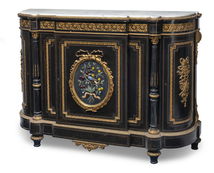 <b>AN ELABORATE LOUIS XVI STYLE BRONZE MOUNTED AND PIETRA-DURA PATTERN SIDEBOARD</b>