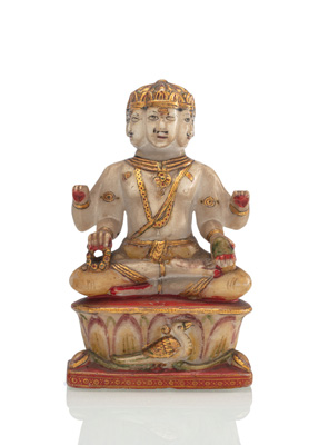 <b>Skulptur des Brahma aus Marmor teils mit goldfarbener und roter Lackfassung</b>
