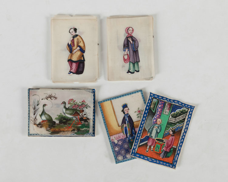 <b>A GROUP OF SMALL PITH PAINTINGS IN BOXES, AND A DAMAGED SOAPSTONE CARVING</b>