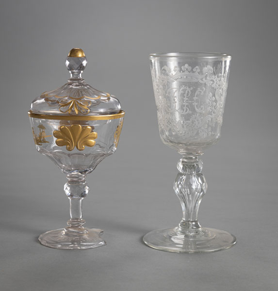 <b>A BAROQUE CUT GLASS CUP WITH BLAZON AND A FOOTED BOWL AND LID</b>