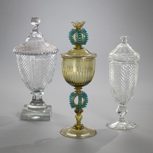 <b>TWO GLASS BONBONNIERES AND LIDS AND A GLASS GOBLET</b>
