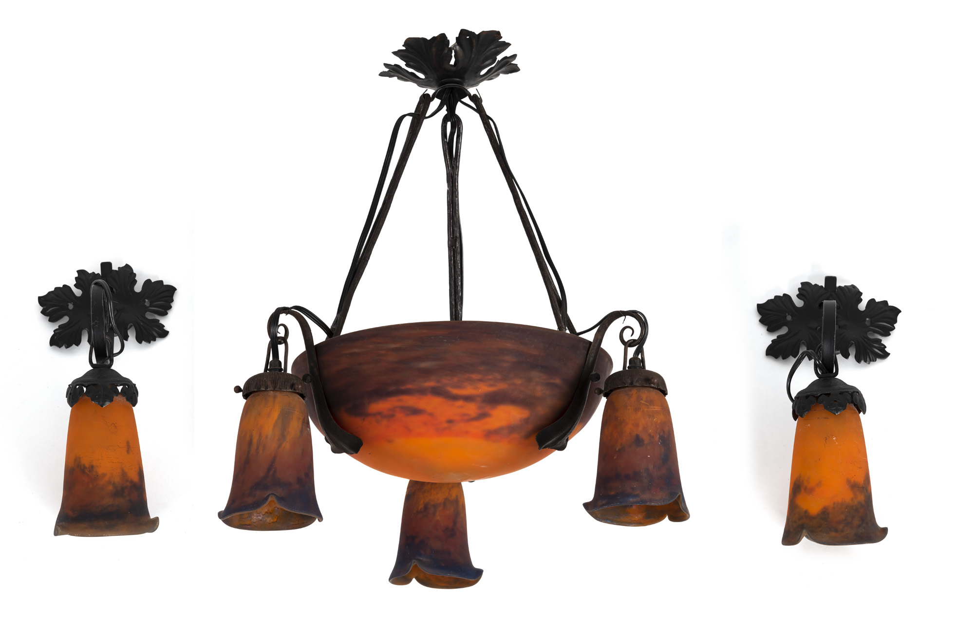 <b>A MULLER FRERES IRON MOUNTED GLASS CHANDELIER AND A PAIR OF WALL LIGHTS</b>
