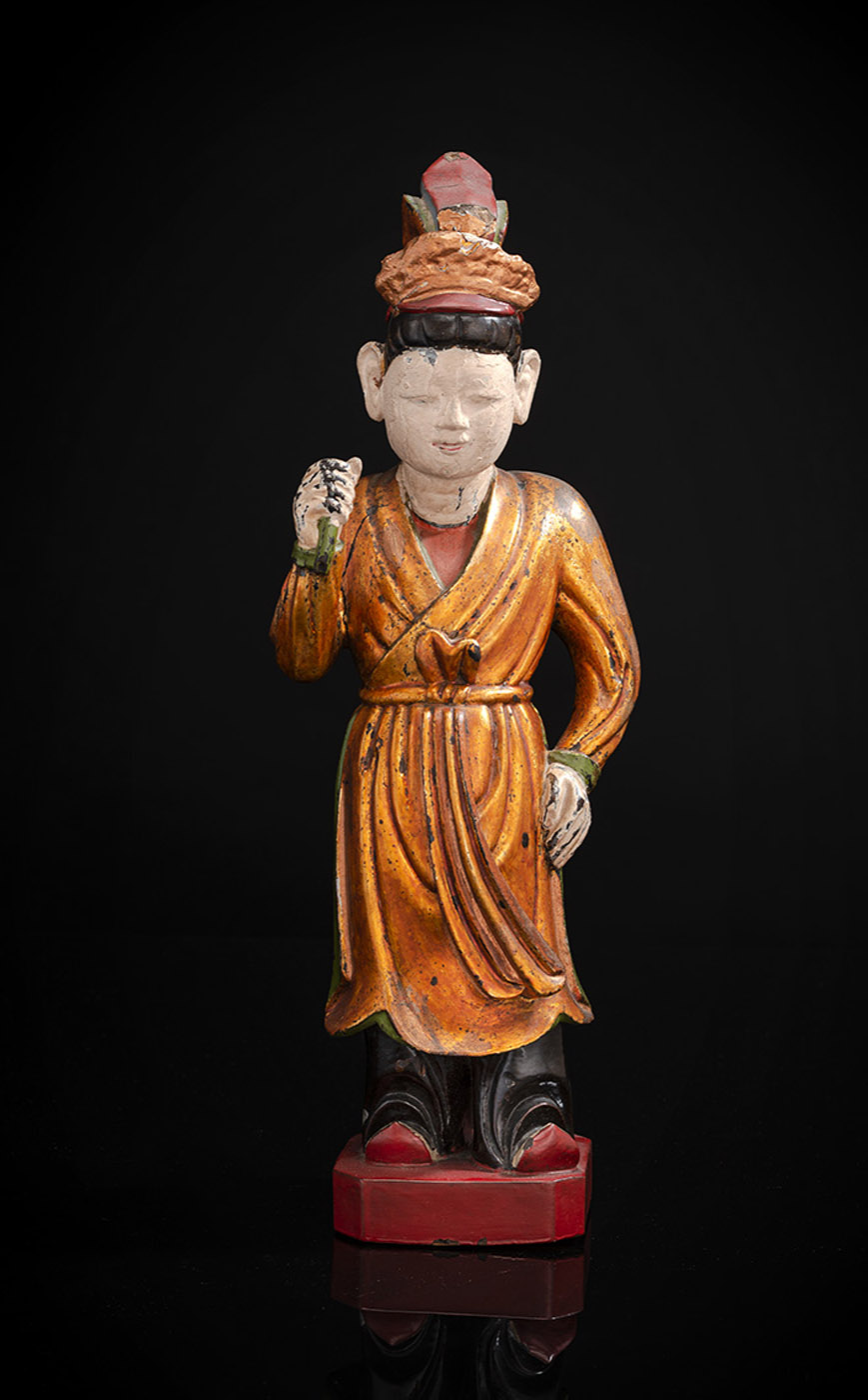 <b>A GILT-LACQUERED AND POLYCHROME WOOD ATTENDANT</b>