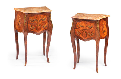 <b>A PAIR OF LOUIS-XV-STYLE BRONZE MOUNTED OCCASIONAL COMMODES</b>