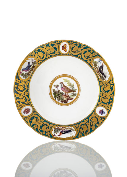 <b>A SEVRES PORCELAIN TURQUOISE GROUND ORNITHOLOGICAL PLATE FROM A SERVICE FOR THE COMPTE D'ARTOIS (ASSIETTE UNIE)</b>