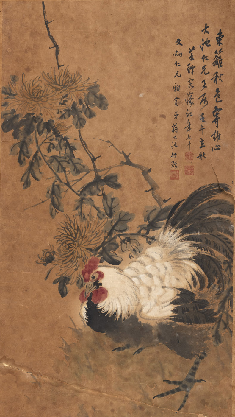 <b>Zwei Malereien: Xiao Shi und Nong Yu beim Flötenspielen bzw. Hahn unter Chrysanthemen, als Hängerolle montiert</b>