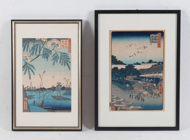 <b>Fünf Farbholzschnitte von Hiroshige aus den Serien '53 Stationen des Tokaido', '36 Ansichten des Fuji' und '100 berühmte Ansichten von Edo'</b>