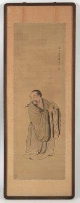 <b>Malerei mit Darstellung von Dongfang Shuo, einen Pfirsich haltend. Tusche und leichte Farben auf Seide</b>