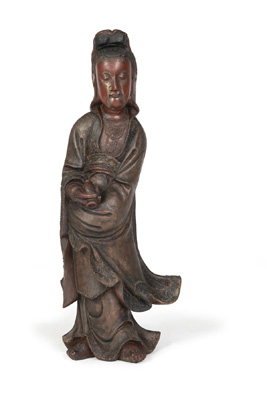 <b>A STANDING CARVED AND PAINTED WOODEN GUANYIN WITH A VASE</b>