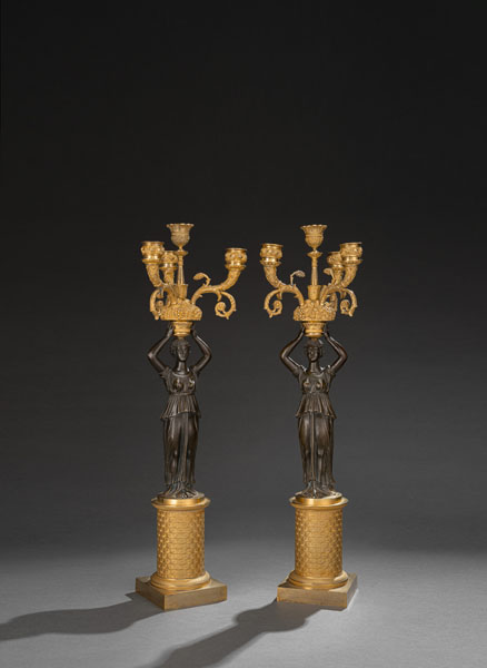<b>A  PAIR OF NEOCLASSICAL ORMULU AND PATINATED BRONZE CANDELABRA</b>