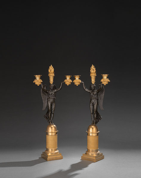 <b>AN IMPORTANT PAIR OF ORMOLU AND PATINATED BRONZE THREE-LIGHT CANDELABRA 