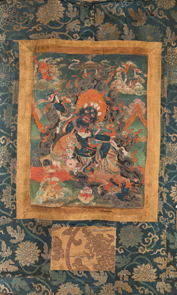 <b>A THANGKA DEPICTING SRI DEVI FINELY MOUNTED WITH SILK BROCADE</b>