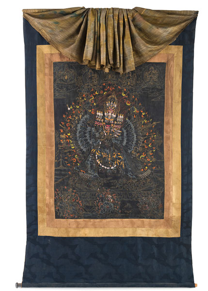 <b>Schwarzgrundige Thangka des Mahavajrabhairava in Seidenmontierung</b>