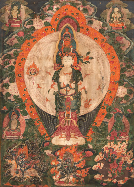 <b>Gruppe von vier Thangka bzw. Tsagli, u.a. Avalokiteshvara und Vaishravana, teils monitiert</b>