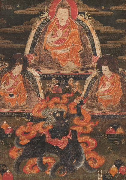 <b>Small votive thangka depicting a Gelugpa patriarch with sword and bell on lotus flowers, and a book, and two attendants</b>