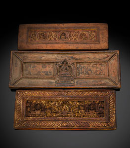 <b>THREE CARVED WOODEN BOOK COVERS</b>