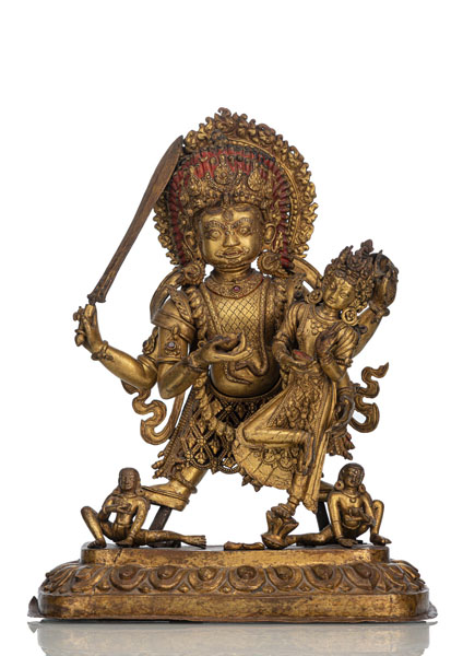 <b>Grosse und massive feuervergoldete Bronze des Bhairava</b>
