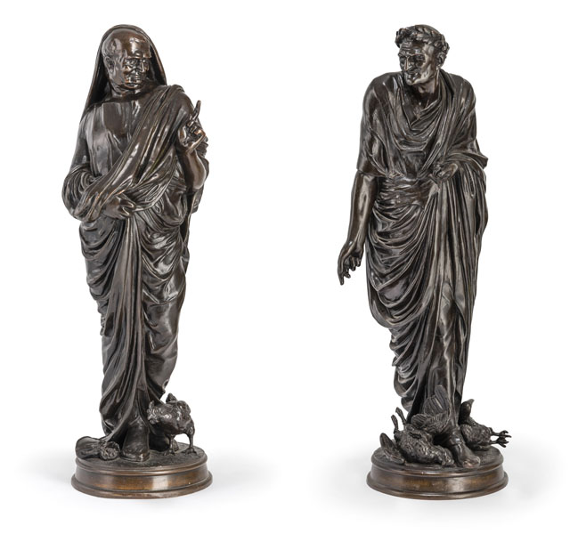 <b>A LARGE PAIR OF PATINATED BRONZE FIGURES OF TWO ROMAN EMPERORS WITH POULTRY</b>