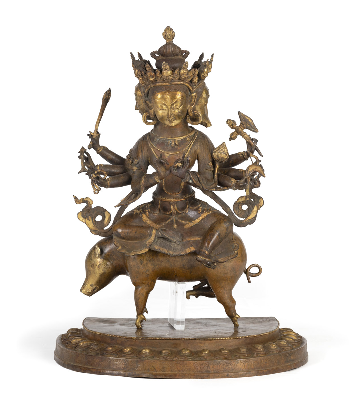 <b>A LARGE BRONZE FIGURE OF A BUDDHIST DEITY SEATED ON A PIG</b>