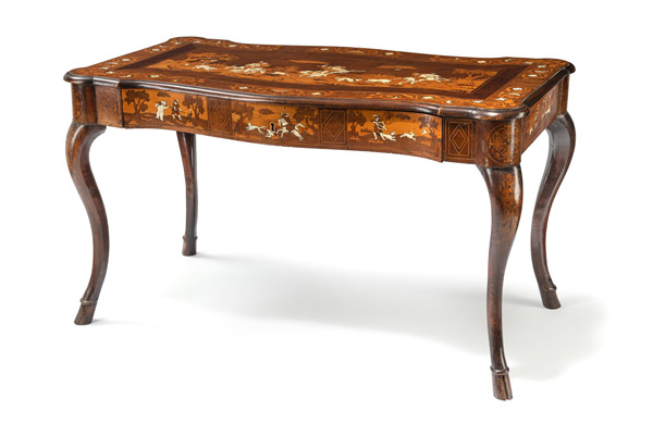 <b>AN ELABORATE IVORY INLAID WALNUT, SOFTWOOD AND FRUITWOOD MARQUETRIED CENTRE TABLE</b>