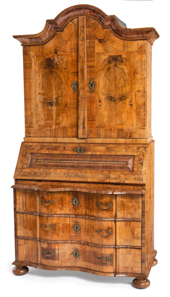 <b>A NORTH GERMAN BRASS MOUNTED WALNUT AND FRUITWOOD MARQUETRIED BAROQUE SECRETAIRE-A-DEUX-CORPS</b>