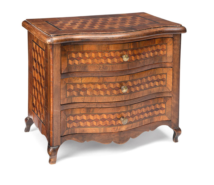 <b>A BRASS MOUNTED PARTIAL EBONIZED WALNUT AND MAPLE MODEL COMMODE</b>