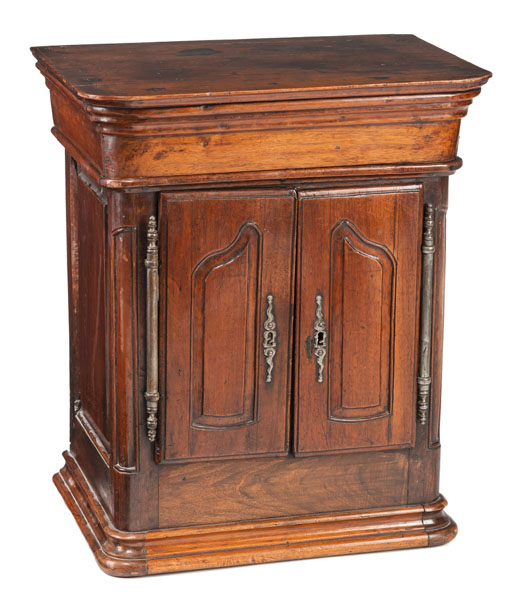 <b>A FRENCH IRON MOUNTED WALNUT MODEL CUPBOARD</b>