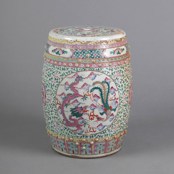 <b>A 'FAMILLE ROSE' DRAGON AND PHOENIX PORCELAIN STOOL</b>