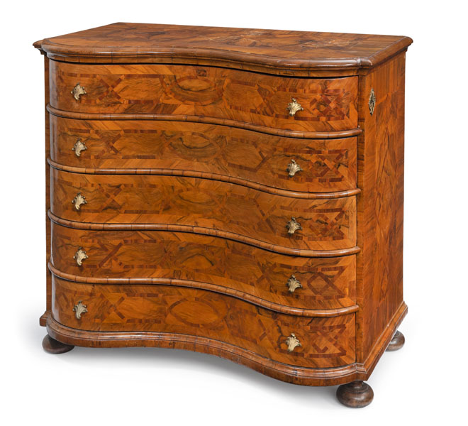 <b>A SOUTH GERMAN ORMOLU MOUNTED WALNUT, ROOTWOOD AND FRUITWOOD PARQUETRIED BAROQUE COMMODE</b>