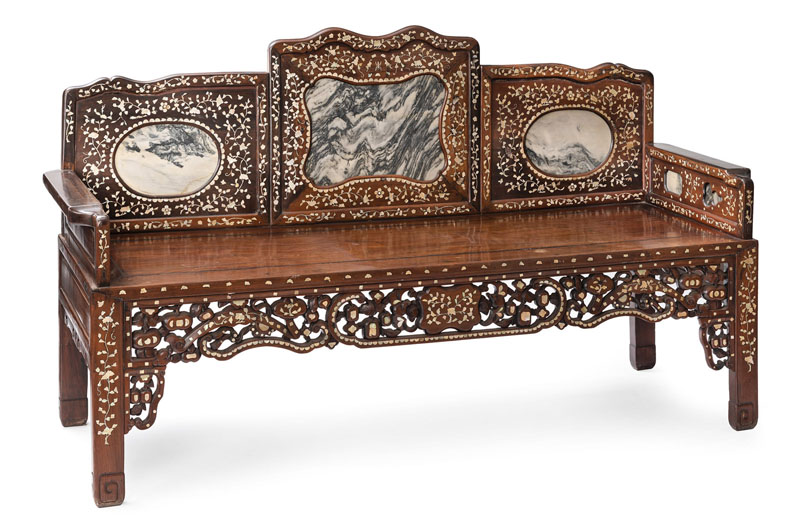 <b>A MOTHER-OF-PEARL INLAID BENCH WITH DREAMSTONE PANEL BACKRESTS</b>