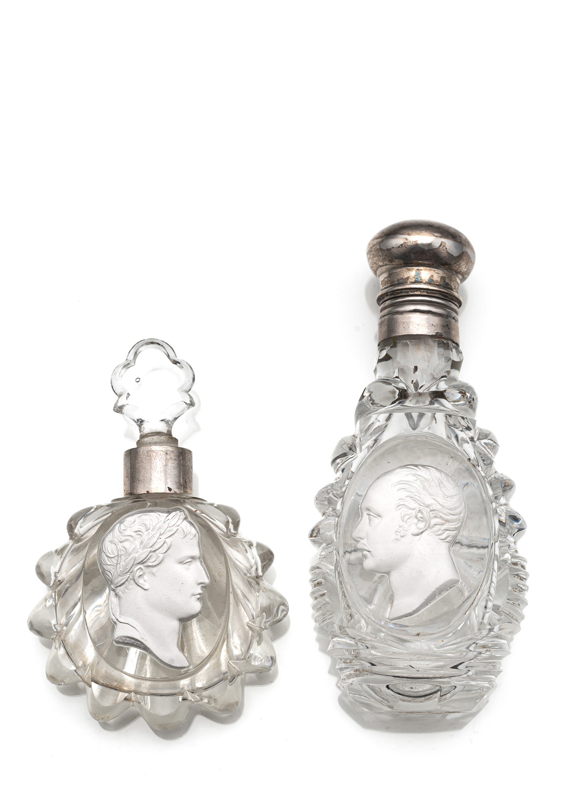 <b>TWO FRENCH SILVER MOUNTED CAMEO INLAID GLASS VIALS</b>