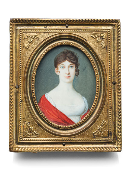 <b>A PORTRAIT MINIATURE OF A YOUNG LADY WITH A RED SCARF</b>