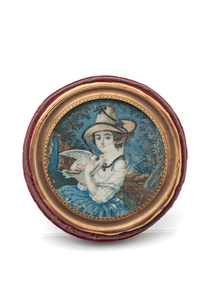 <b>A HALF PORTRAIT OF A YOUNG LADY WITH HAT AND PIGEON</b>