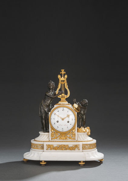 <b>A LOUIS XVI STYLE GILTBRONZE MOUNTED WHITE MARBLE MANTLE CLOCK WITH AMOR AND PSYCHE</b>