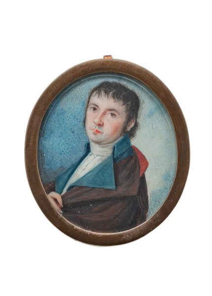 <b>A MINIATURE PORTRAIT OF A GENTLEMAN IN A BLUE AND RED FROCK COAT</b>