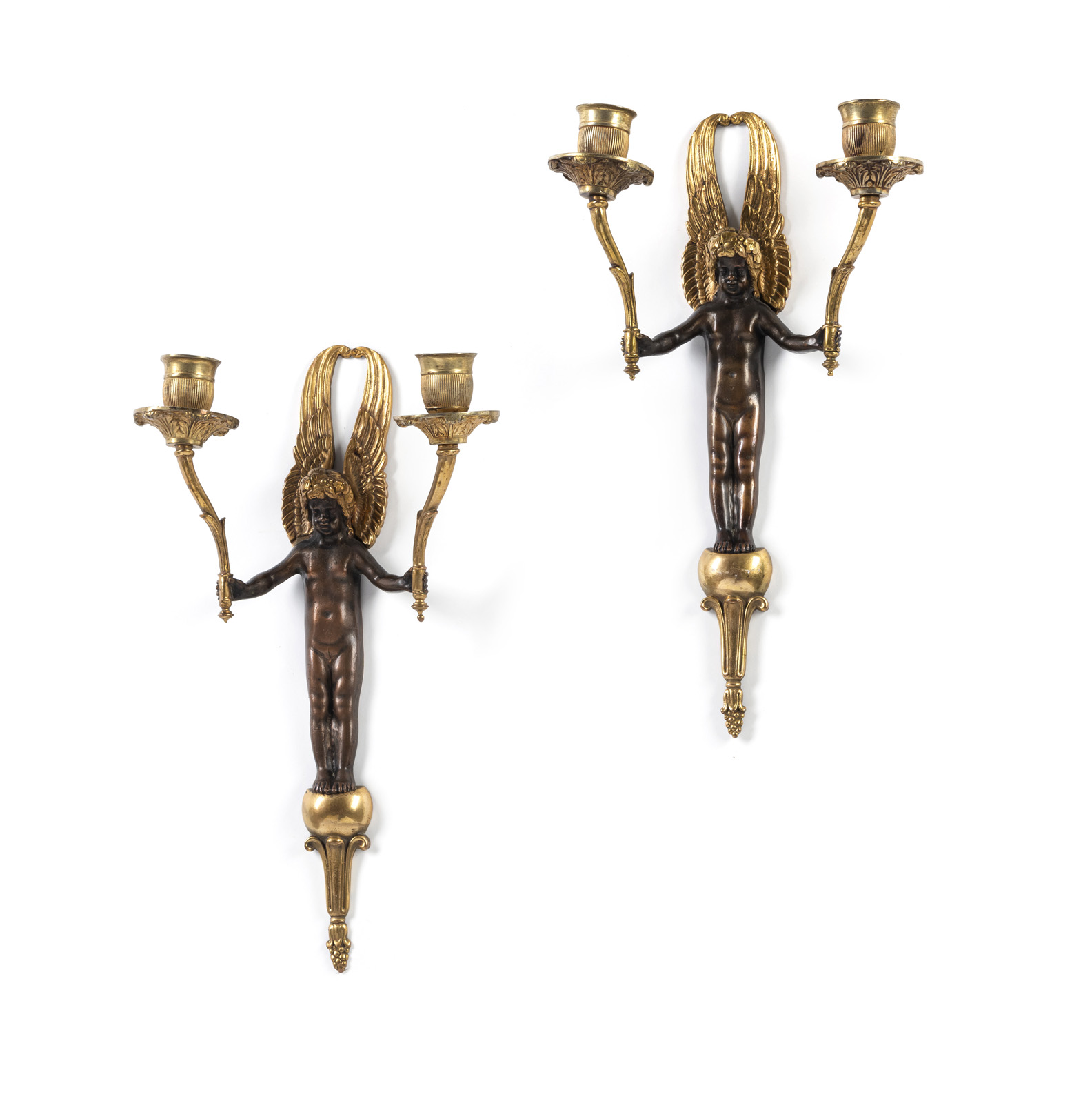 <b>A PAIR OF GILT AND PATINATED LOUIS XVI STYLE WALL LIGHTS</b>