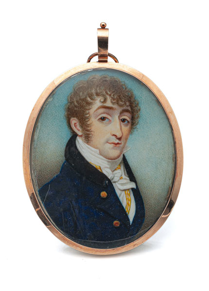 <b>A PORTRAIT MINIATUE OF A YOUNG MAN WITH BLUE FROCK COAT AND YELLOW SASH</b>