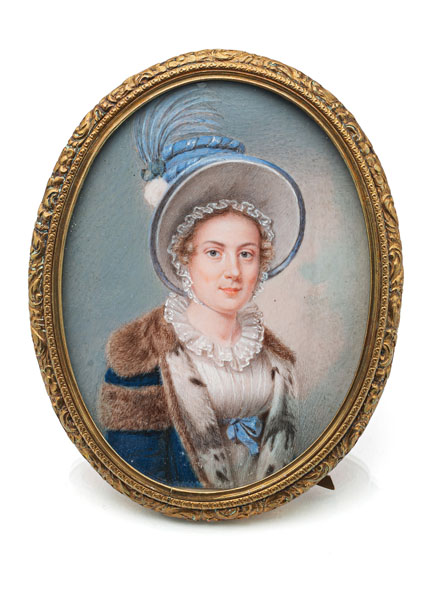 <b>A PORTRAIT MINIATURE OF A YOUNG LADY WITH FUR COAT</b>
