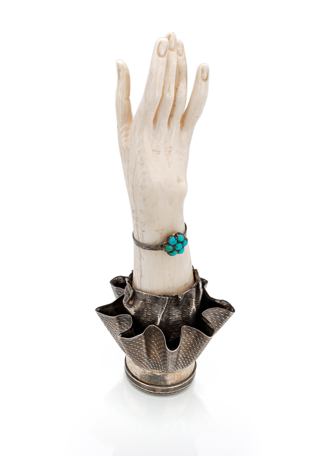 <b>AN ART NOUVEAU HAND SHAPED IVORY AND SILVER SEAL</b>