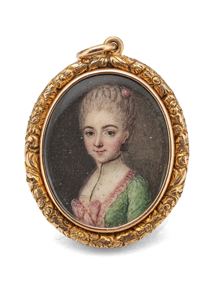 <b>A MINIATUE PORTRAIT OF A YOUNG LADY IN A GREEN DRESS</b>