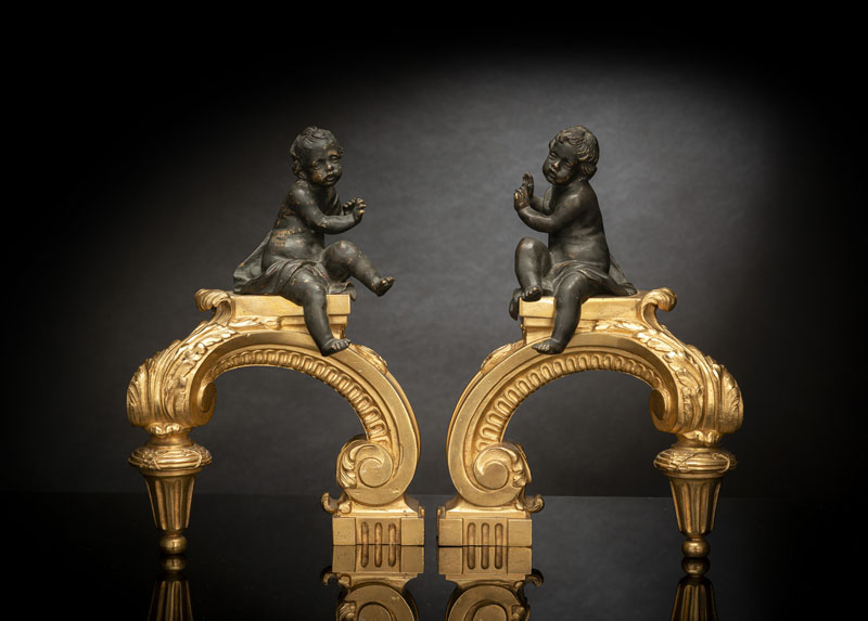 <b>A PAIR OF TRANSITION STYLE ORMOLU AND PATINATED BRONZE ANDIRONS</b>