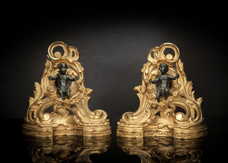 <b>A PAIR OF LOUIS XV STYLE ORMOLU AND PATINATED BRONZE ANDIRONS</b>