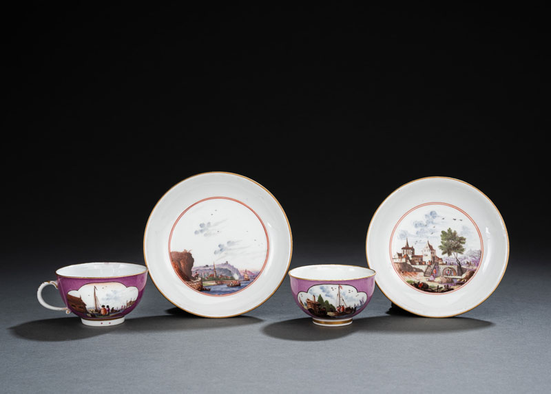 <b>TWO MEISSEN KAUFFAHRTEI PATTERN CUPS AND TWO SAUCERS</b>