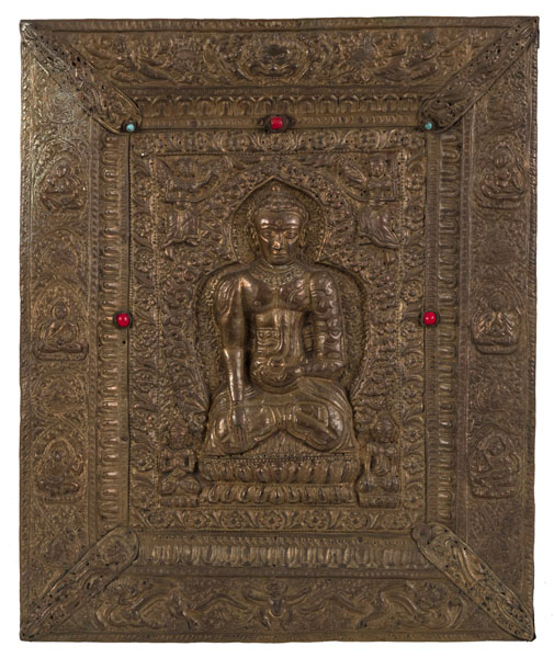 <b>Votivplatte aus getriebenem Kupfer mit Darstellung des Buddha Shakyamuni</b>