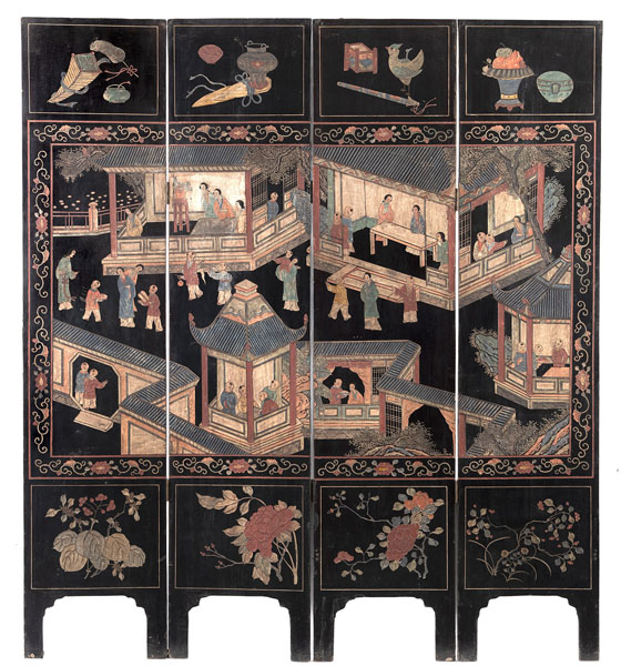<b>Vierteiliger Koromandel-Stellschirm mit Darstellung einer Stadtszene und sowie Antiquitäten- und Floraldekor</b>