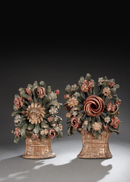 <b>TWO DECORATIVE RELIEF CARVINGS IN SHAPE OF FLOWER BASKETS</b>