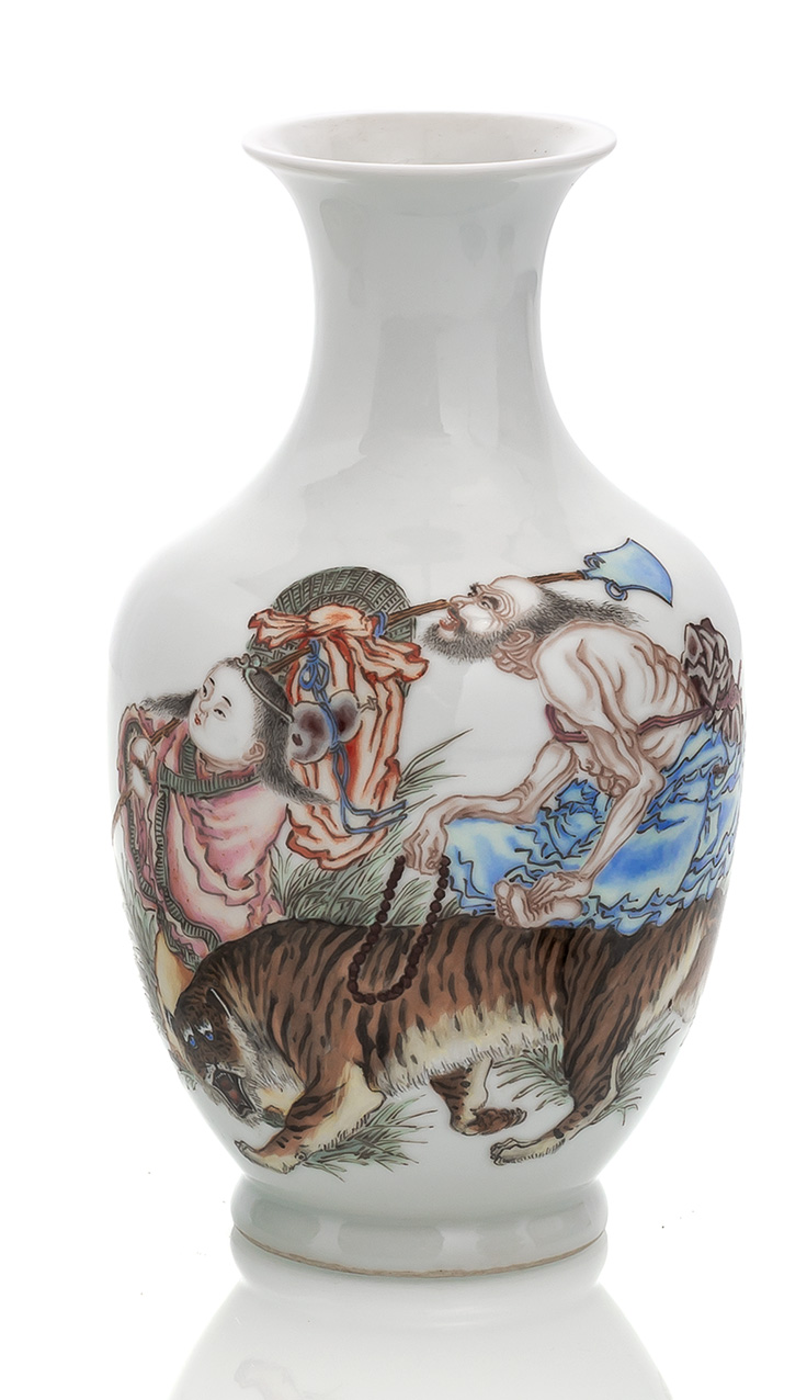 <b>A FAMILLE ROSE LOUHAN AND TIGER VASE WITH QIANLONG POEM AND SEALS</b>
