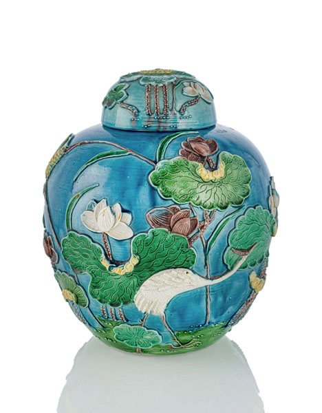 <b>AN IRIDESCENT BLUE-GROUND LOTUS RELIEF PORCELAIN VASE AND COVER</b>