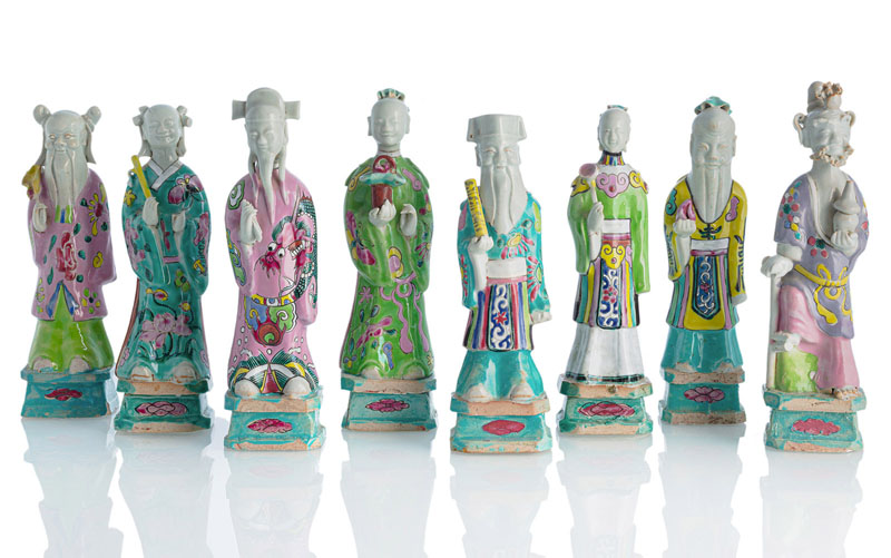 <b>A GROUP OF EIGHT 'FAMILLE ROSE' PORCELAIN FIGURES OF IMMORTALS</b>